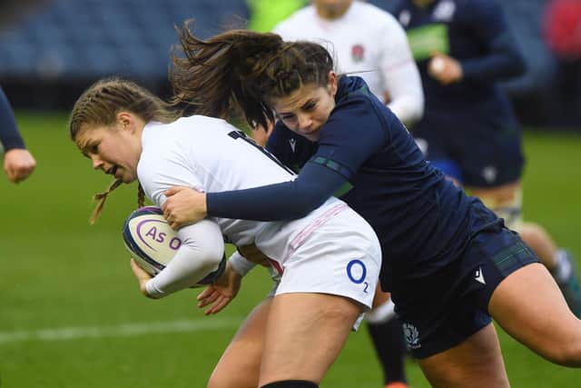Lisa Thomson tackles Jess Breach during the Guinness Six Nations match between Scotland Women and England Women at BT Murrayfield on February 10, 2020, in Edinburgh (Photo by Paul Devlin/SNS Group/SRU)