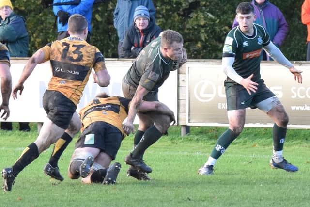 Hawick flanker Calum Renwick making a break against Currie with Bailey Donaldson supporting (Photo: Malcolm Grant)