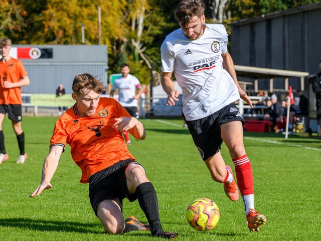 Kieran Burns on the ball for Duns Amateurs as they beat Hawick United 9-1 at home in round one of this football season’s Waddell Cup on Saturday (Photo: Alan Raeburn)