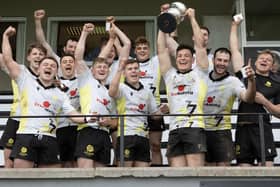 Melrose celebrating winning Saturday's Kelso Sevens by beating their hosts 24-15 in the final (Photo: Brian Sutherland)