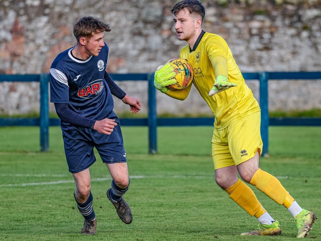 Goalkeeper Jamie Rae on the ball for Tynecastle during their 3-2 win away to Vale of Leithen at Victoria Park in Innerleithen on Saturday (Photo: Hilary Isaac)