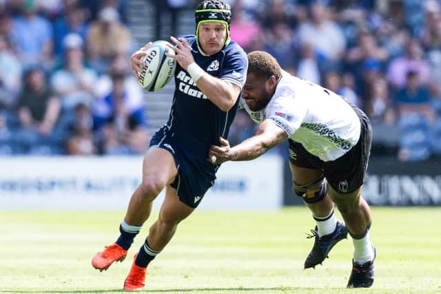 Darcy Graham on the ball for Scotland during their 33-17 Nations Championship win hosting Fiji at Edinburgh’s Murrayfield Stadium on Saturday (Photo: Ross Parker/SNS Group/SRU)