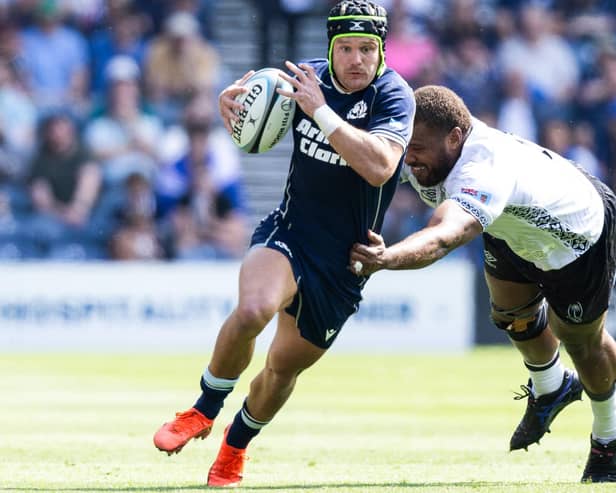 Darcy Graham on the ball for Scotland during their 33-17 Nations Championship win hosting Fiji at Edinburgh’s Murrayfield Stadium on Saturday (Photo: Ross Parker/SNS Group/SRU)