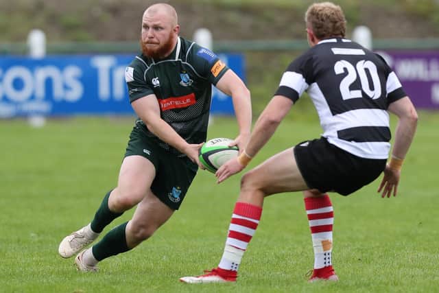 Gareth Welsh on the ball for Hawick as they got the better of Kelso by 61-7 at home at Mansfield Park on Saturday (Photo: Brian Sutherland)