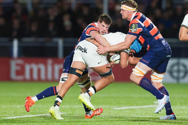 Glen Young, right, making a tackle for Edinburgh during their 27-17 European Professional Club Rugby Challenge Cup loss at home to Toulon at the capital’s Hive Stadium last Friday (Photo: Ewan Bootman/SNS Group/Edinburgh)