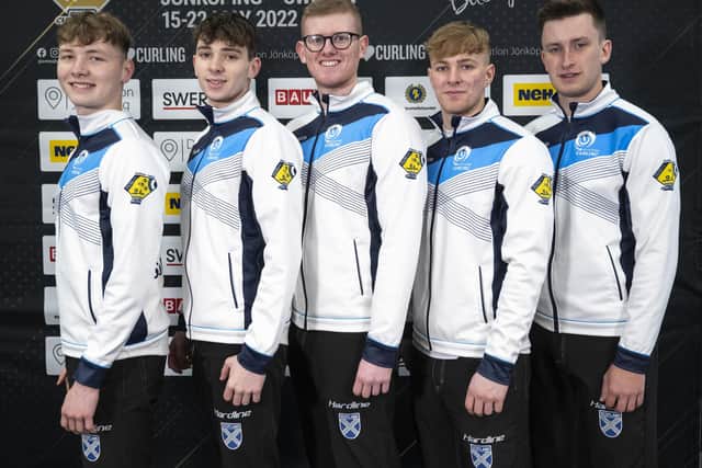 Kelso's Angus Bryce, second from right, and his Scotland team-mates at 2022's World Junior Curling Championships in Jonkoping in Sweden (Photo: WCF/Cheyenne Boone)