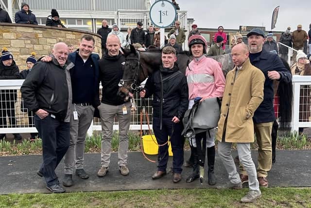 Shoeshine Boy, winner of the 3.20pm race at Kelso on Sunday for Hawick trainer Donald Whillans and jockey Craig Nichol (Pic: Kelso Races)