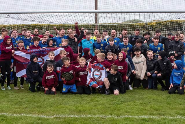 Eyemouth United Amateurs celebrating after beating St Boswells 4-0 at home on Saturday to keep up their 100% record for the season (Photo: Stuart Fenwick)