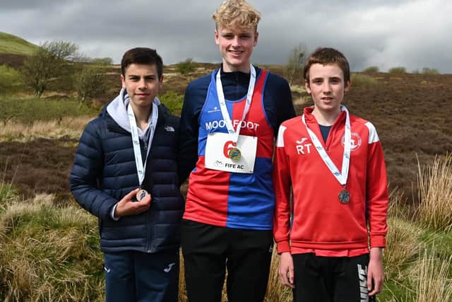 From left, Gala Harrier Zico Field, Moorfoot Runner Thomas Hilton and Lasswade's Rowan Taylor at the latest Scottish junior hill-running championships at East Lomond in Fife (Photo: Neil Renton)
