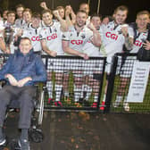 Doddie Weir congratulating Southern Knights players on winning his club trophy against Newcastle Falcons at the Greenyards in Melrose in October 2021 (Photo: Bill McBurnie)