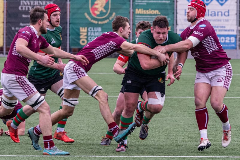 Gala getting a tackle in during their 35-27 Scottish National League Division 1 defeat at Highland on Saturday (Pic: Owen Cochrane)