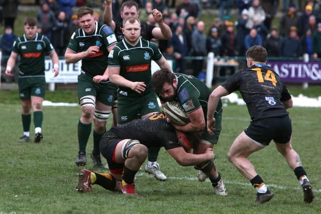 Captain Shawn Muir on the ball for Hawick against Currie Chieftains on Saturday (Pic: Steve Cox)