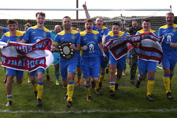 Eyemouth United Amateurs celebrating winning the Border Amateur Football Association's B division title by beating Gala Fairydean Rovers Amateurs 3-1 at home on Saturday (Photo: Steve Cox)