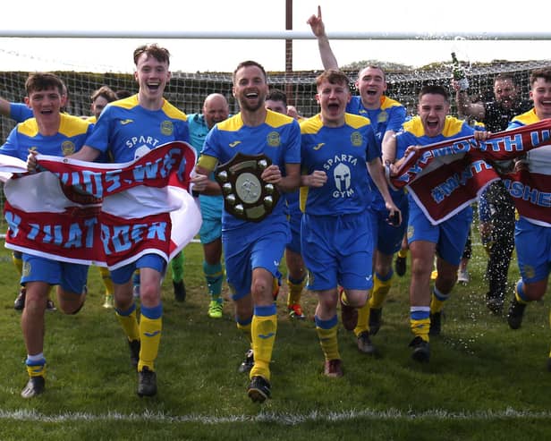 Eyemouth United Amateurs celebrating winning the Border Amateur Football Association's B division title by beating Gala Fairydean Rovers Amateurs 3-1 at home on Saturday (Photo: Steve Cox)