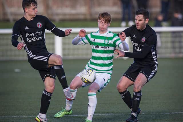 Gala Fairydean Rovers' Arron Darge, left, and Ross Aitchison ganging up on Celtic B's Ben Summers (Photo: Bill McBurnie)