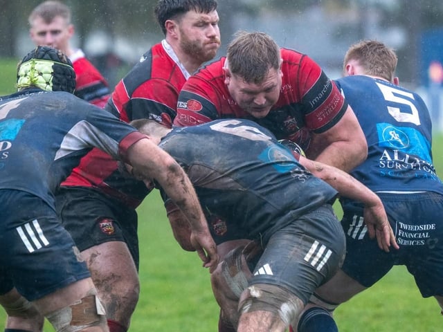 Kieran Westlake, Cammy Forster and Gregor Paton making a challenge for Selkirk during their 29-12 loss at home to Stirling County at Philiphaugh on Saturday (Photo: Bryan Robertson)