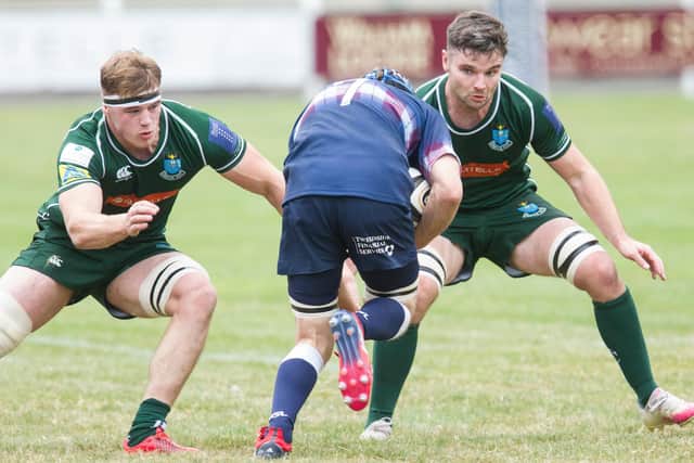 Stuart Graham defending as Hawick edge out Selkirk 23-22 at Mansfield Park at the weekend (Photo: Bill McBurnie)