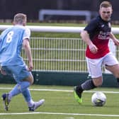 Allan Smith on the ball for Gala Fairydean Rovers during their 4-0 defeat by Caledonian Braves at home at Netherdale on Saturday (Photo: Thomas Brown)