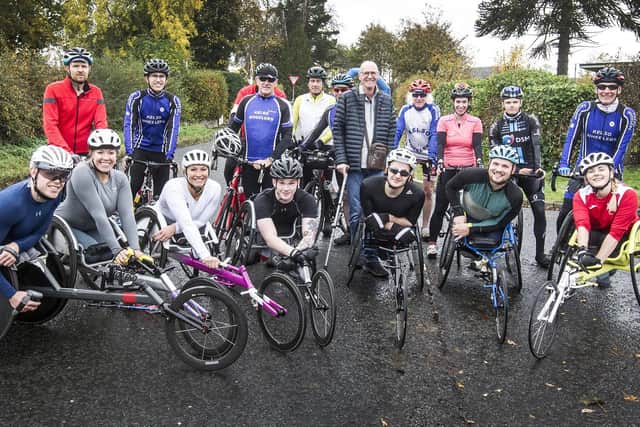 Competitors including Samantha Kinghorn, fifth from left, at the start of the Jed Renilson wheelchair race near Jedburgh on Sunday (Photo: Bill McBurnie)