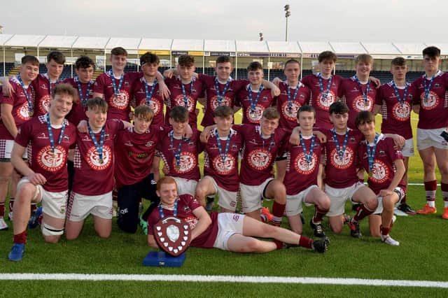 Gala Wanderers celebrating beating Melrose Wasps 22-18 in this year's national rugby youth shield under-18 final in Edinburgh on Sunday (Photo: Alwyn Johnston)
