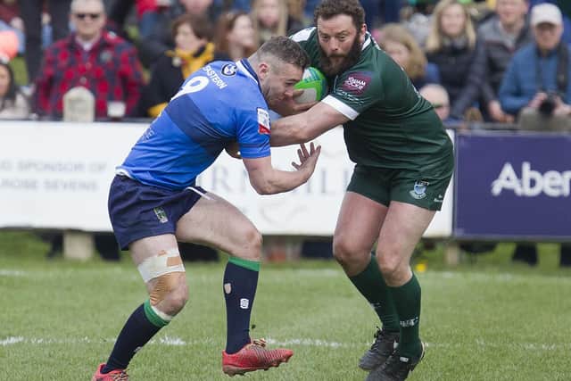 Kelso's Bruce McNeil, with Hawick at the time, on the ball against Boroughmuir at 2019's Melrose Sevens (Photo: Bill McBurnie)