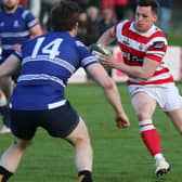 South of Scotland vice-captain Struan Hutchison on the ball against Edinburgh at Netherdale in Galashiels in rugby's first Scottish inter-district championship for 21 years (Photo: Brian Sutherland)