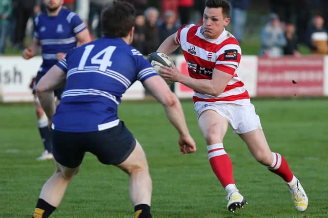South of Scotland vice-captain Struan Hutchison on the ball against Edinburgh at Netherdale in Galashiels in rugby's first Scottish inter-district championship for 21 years (Photo: Brian Sutherland)
