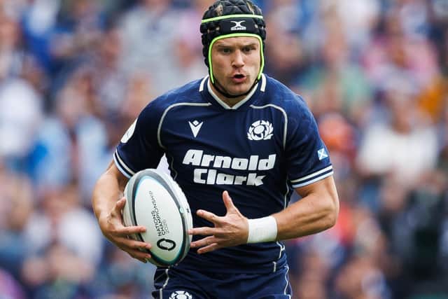 Darcy Graham on the ball for Scotland during their 33-17 Nations Championship versus Fiji at Edinburgh’s Murrayfield Stadium in July (Photo: Ross Parker/SNS Group/SRU)