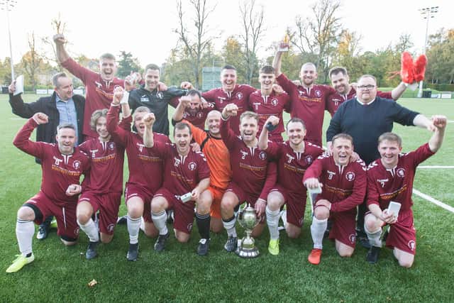 Victorious Langlee Amateurs celebrating after their Border Cup final versus Greenlaw (Photo: Bill McBurnie)