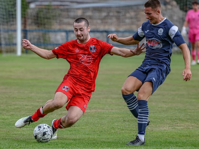 Dylan Hamilton in action for Hawick Royal Albert, with Louie Grahame challenging, during their 3-2 win away to Vale of Leithen on Saturday (Photo: Hilary Isaac)