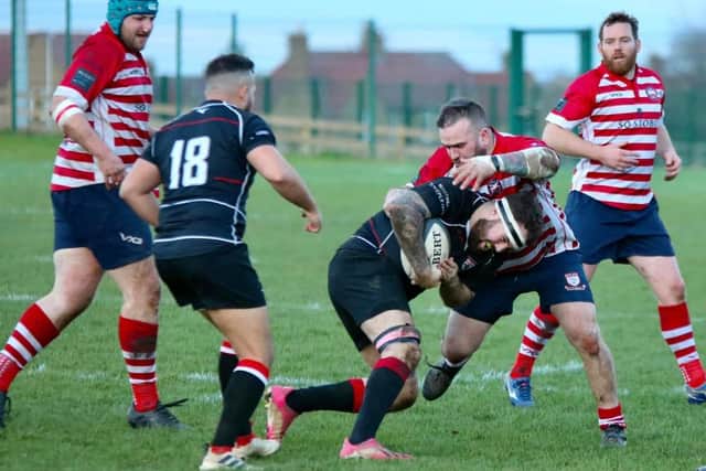 Peebles captain Neil Hogarth putting a tackle in against Lasswade on Saturday (Pic: Erica Guiney)