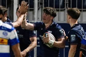 Rory McHaffie celebrating after scoring a try for Edinburgh during their 17-13 United Rugby Championship win at home to Cape Town’s Stormers at the capital’s Hive Stadium last Friday (Photo: Paul Devlin/SNS Group/Edinburgh)