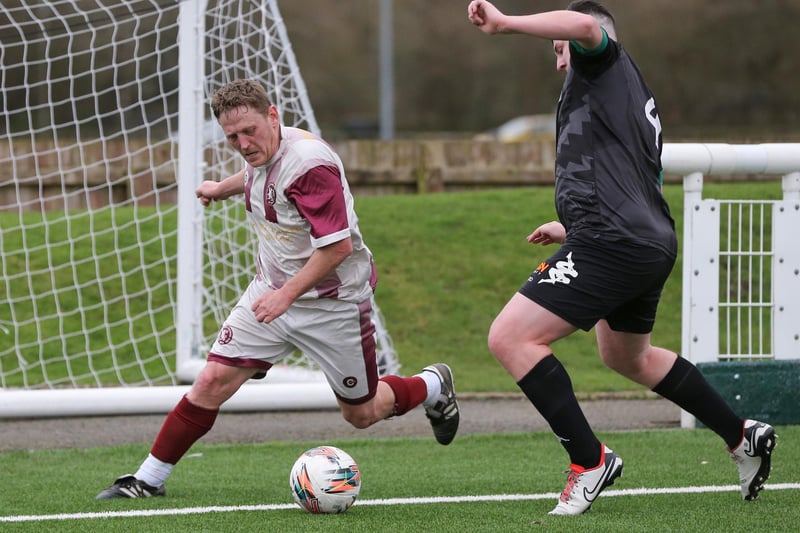 Des Sutherland on the ball for Langlee Amateurs during their 4-1 win at Netherdale in Galashiels on Saturday in the South of Scotland Amateur Cup's semi-finals (Pic: Brian Sutherland)