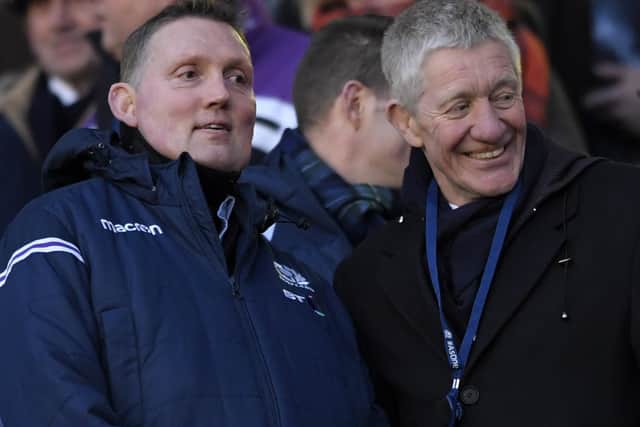 Doddie Weir and John Jeffrey at 2020's Six Nations match between Scotland and England at Murrayfield Stadium in Edinburgh (Photo by Stu Forster/Getty Images)