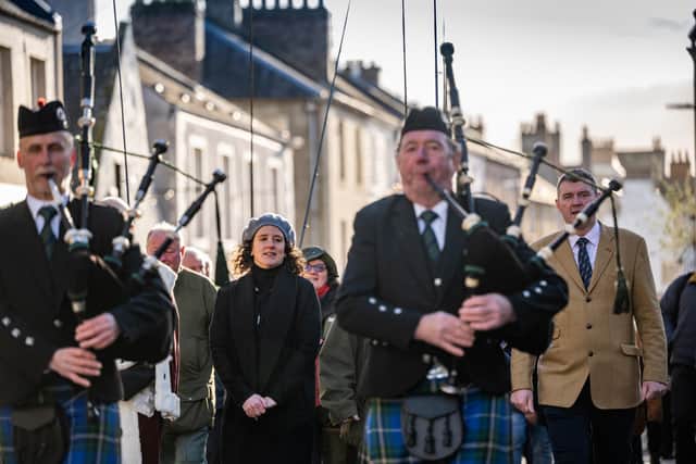 Mairi Gougeon MSP, Scottish Government Cabinet Secretary for Rural Affairs and Islands, leads a procession of anglers to the banks of the River Tweed for the official opening of the river’s 2023 salmon fishing season. Photo: Phil Wilkinson