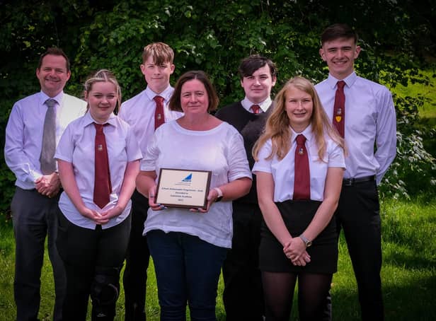 Galashiels Academy staff and pupils with the gold award.