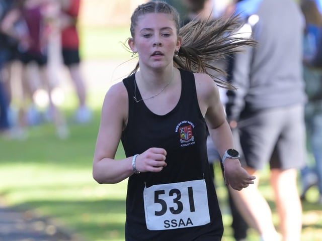 Isabella Moran running for Peebles High at 2026’s Scottish Schools Athletics Association road-race championships, held in Fife this month (Photo: Neil Renton)