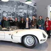 On hand to welcome the arrival of the Jaguar D-Type to the Jim Clark Motorsport Museum was from left: Jim Blackie, Steven Reed, Alastair Skinner, Andrew Tulloch, Simon Harper, David Phillip, Graham Fairley, Lawrence Johnston, Ian Deans, Kenneth McLean and Doreen Deans.