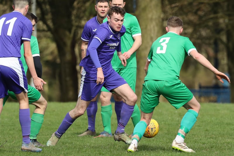 Charlie Hope in action during Hawick Waverley's 3-0 win at home to Chirnside United in the Border Amateur Football Association's A division on Saturday (Photo: Brian Sutherland)