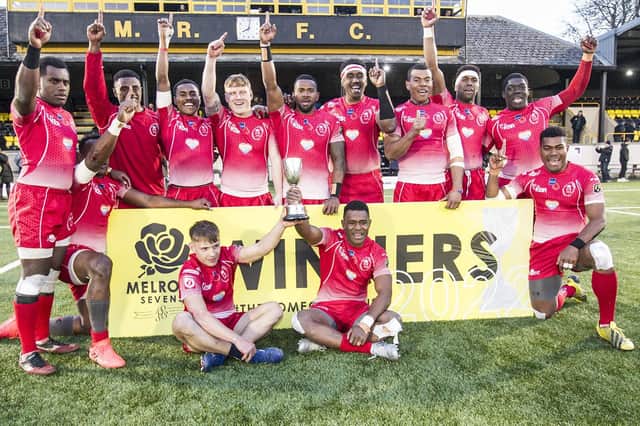 The British Army rugby sevens side celebrating their victory at Melrose on Saturday (Photo: Bill McBurnie)