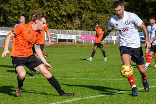 Jordan Yardley in action for Duns Amateurs as they beat Hawick United 9-1 at home in round one of this football season’s Waddell Cup on Saturday (Photo: Alan Raeburn)