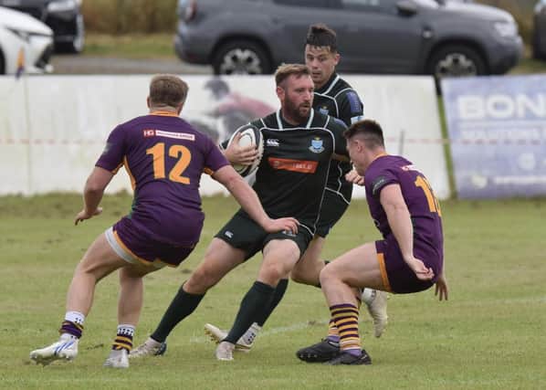 Lee Armstrong on the ball for Hawick during their 24-5 defeat at Marr in September (Pic: Malcolm Grant)