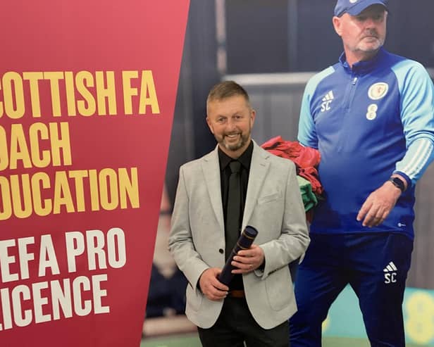 Clovenfords football coach Dougie Anderson with his UEFA pro licence (Pic: SFA)