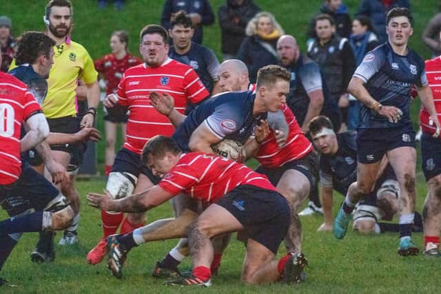 Musselburgh getting a tackle in during their 29-19 loss at home to Selkirk in rugby's Scottish Premiership on Saturday (Photo: John Durham)