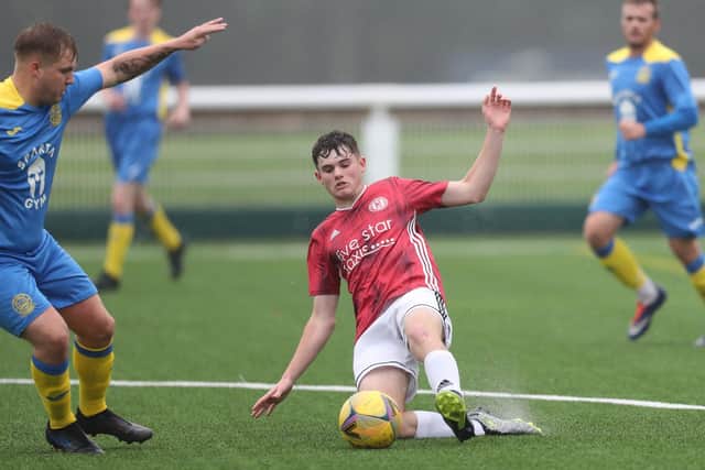 Ewan McLaren in action for Gala Fairydean Rovers Amateurs during their 4-2 loss at home at Netherdale to Eyemouth United Amateurs on Saturday (Photo: Brian Sutherland)