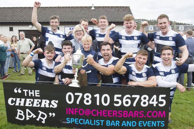 Selkirk celebrating their first final victory at Earlston Sevens since 2007 (Photo: Bill McBurnie)