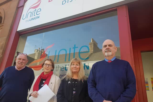 From left: Rab Fraser, branch chairman; Mary Alexander, deputy regional secretary; Julie Malley, branch secretary; and Eck Barclay, committee member, at the opening of the new Galashiels office.