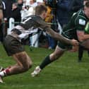 Ronan McKean scoring a try during Hawick's 25-9 win against Kelso at home at Mansfield Park on Saturday in this year's Scottish Premiership semi-final play-offs (Photo: Steve Cox)