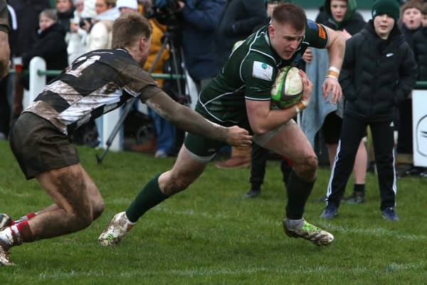 Ronan McKean scoring a try during Hawick's 25-9 win against Kelso at home at Mansfield Park on Saturday in this year's Scottish Premiership semi-final play-offs (Photo: Steve Cox)
