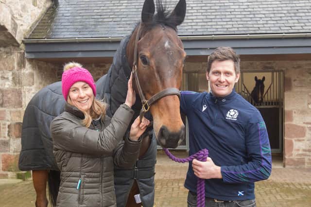 Hawick racehorse trainer Paul Robson and wife Steph with Just Don't Know, a winner at Ayr this week (Photo: Bill McBurnie)